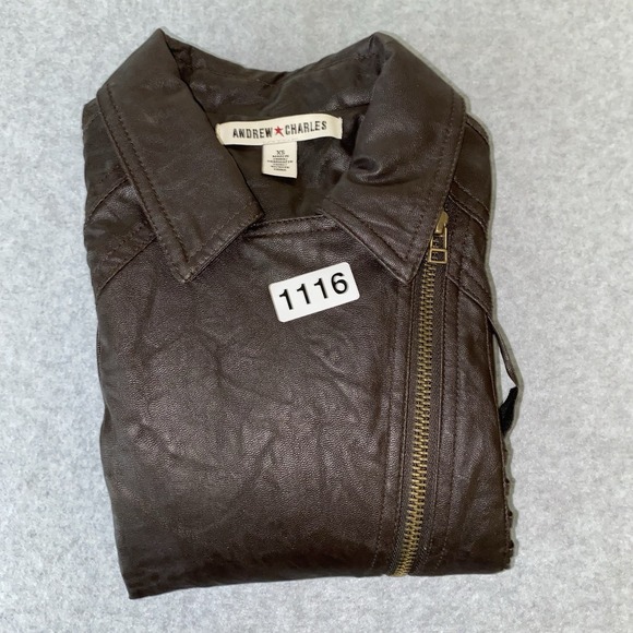 Andrew Charles Moto Jacket‎ XS Brown Faux Leather Chain Detail Asymmetrical Zip - Picture 15 of 15
